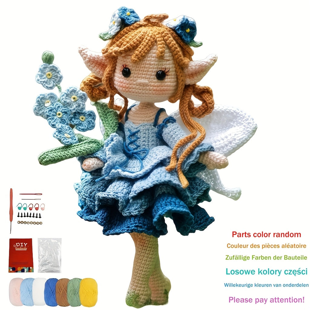 1pc/set, beginner's DIY crochet set, fairy girl holding blue flowers, DIY crochet materials include yarn and hooks, complete DIY handicraft set with crochet teaching steps, perfect for home decoration and gifts, suitable for experienced crochet enthusiast