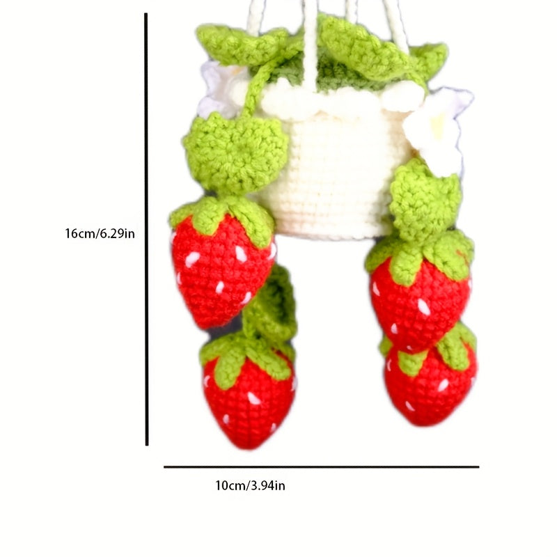 1Artificial Flowers,Handmade Crochet Strawberry Flower Pot Hanging Ornament,Handmade Crochet Strawberry Planting Hanging Ornament,7.8Inch Fabric Decoration,With Greenery,Suitable for living room and bedroom,Home Decoration,Car Decoration