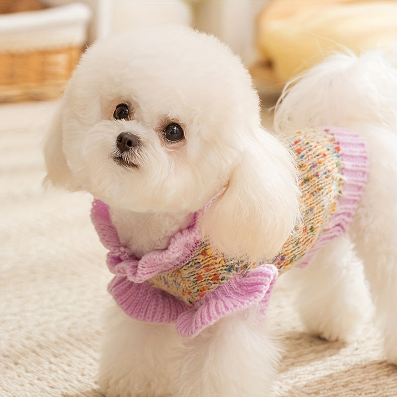Autumn Winter Dog Sweater - Colorful Floral Pattern Knit Pullover with Ruffle Trim,Warm and Soft Small Dog Clothing,plaid Pet Clothes for Cold Weather,High Quality Craft