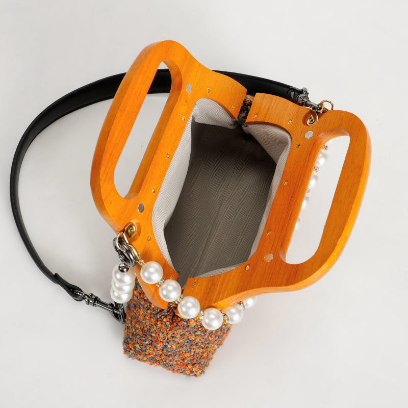 Elegant French Handbag Multicolored Wool Body Wood Handle Detachable Pearl Chain