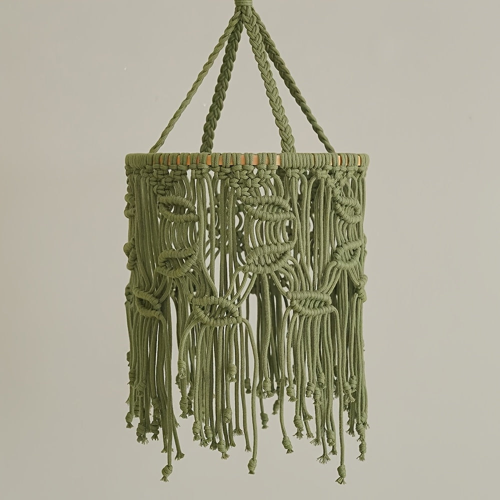 1Bohemian Style Handwoven Green Leaf Tassel Lampshade - Art Fabric Hanging Lamp Shade for Home Decoration(Does not include lights),Exquisite Woven Patterns