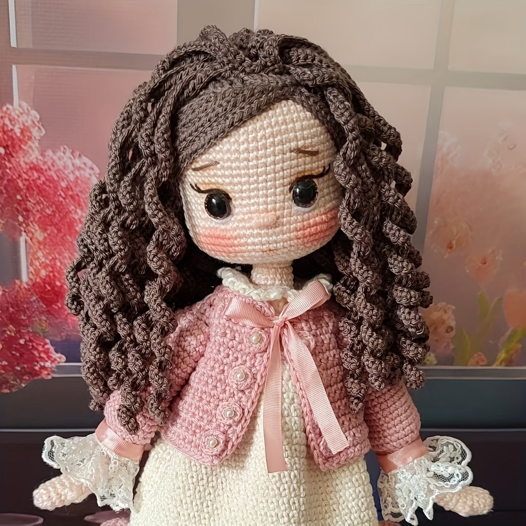 1 Set of Little Girl in Pink Dress with Beautiful Hat, DIY Crochet Material Pack for Adults Includes Yarn, Hook, English Manual and Step-by-Step Video Teaching, Perfect Holiday Gift, Easter, Valentine'S Day, Birthday Present - Unfinished