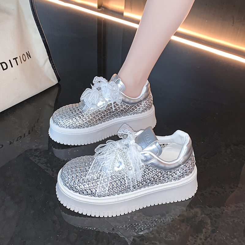 Women'S Breathable Crochet Mesh Sneakers - Low-Top Lace-Up Casual Shoes with Thick Rubber Sole, White & Golden Accents, All-Season Comfort for Casual Attire, Ladies Sneakers, Comfortable Footwear, Stylish Bow Detail, Durable Footwear