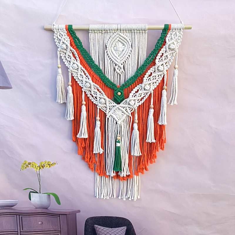 Handmade Geometric Pattern Tapestry - Bright Orange-Green Tassel Decoration Paired with White Accents,bohemian Style Home Office and Living Room Art,No Electricity Required Indoor Wall Decoration,Unique Gift Ideas