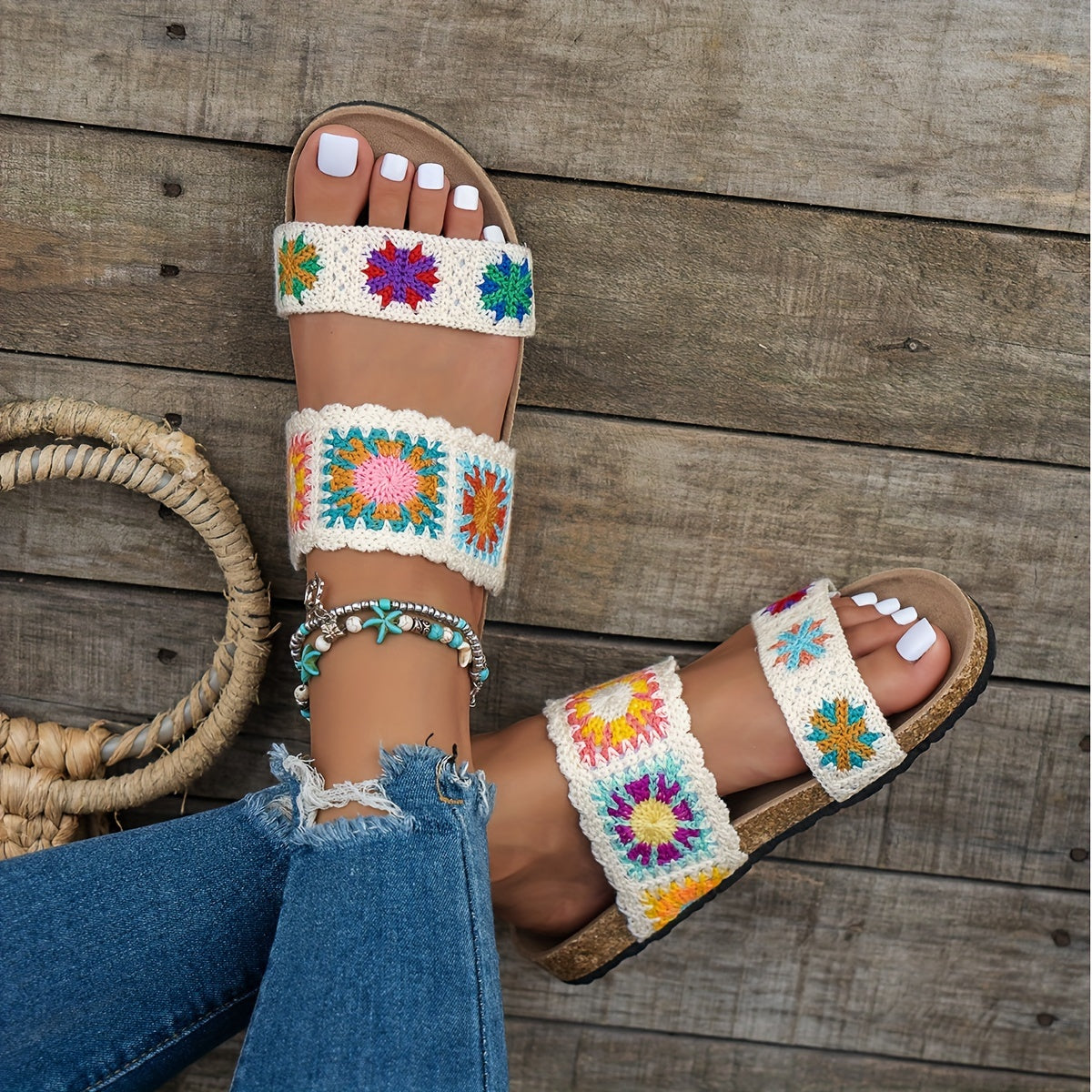 Women's Black Apricot Knitted Cute Floral Double-V Straps Round Toe Open-Toe Slip-On Fashionable Versatile Flat Slippers with Non-Slip Wear-Resistant Large Size Home Shoes Suitable for Vacation Travel Bohemian Style Sandals