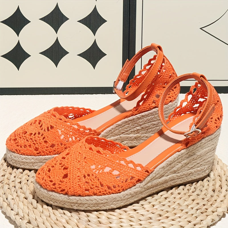Elegant Women'S Fashionable Flat Sandals - Orange Crochet Design, Thick Sole, Ankle Strap with Buckle, Round Toe, Comfortable High-Heel Sandals for Summer, Casual Footwear | Crochet Sandals | Platform Sandals