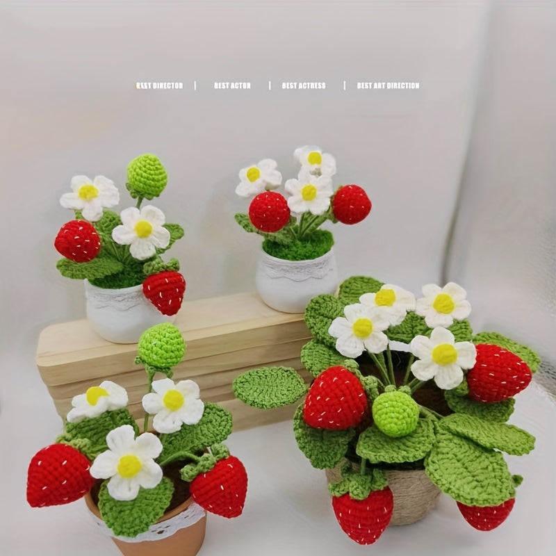 Handmade Crochet Strawberry Potted Plant - Faux Velvet Flower Decoration,Pot included,Suitable for home and party table display
