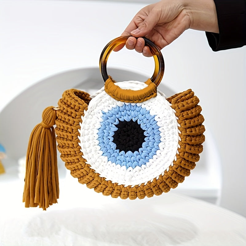 Handmade Crochet Large Capacity Bohemian Tote Bag,Eye-catching Geometric Patterns and Strap Details,Perfect for travel and outdoor activities