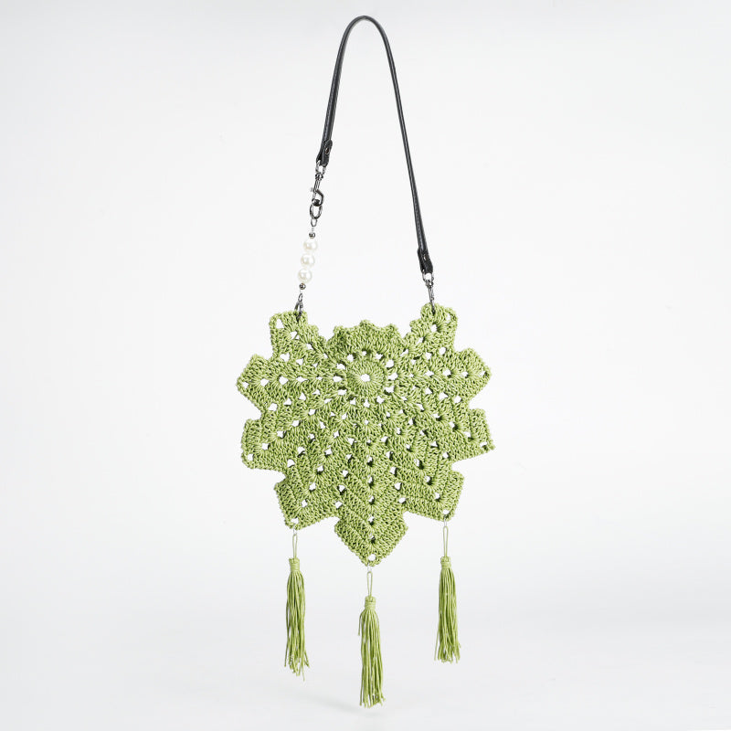 Handmade Crocheted Snowflake Hollow Crossbody Bag Pearl Tassel Leather Shoulder Strap Ethnic Style Retro Shoulder Bag