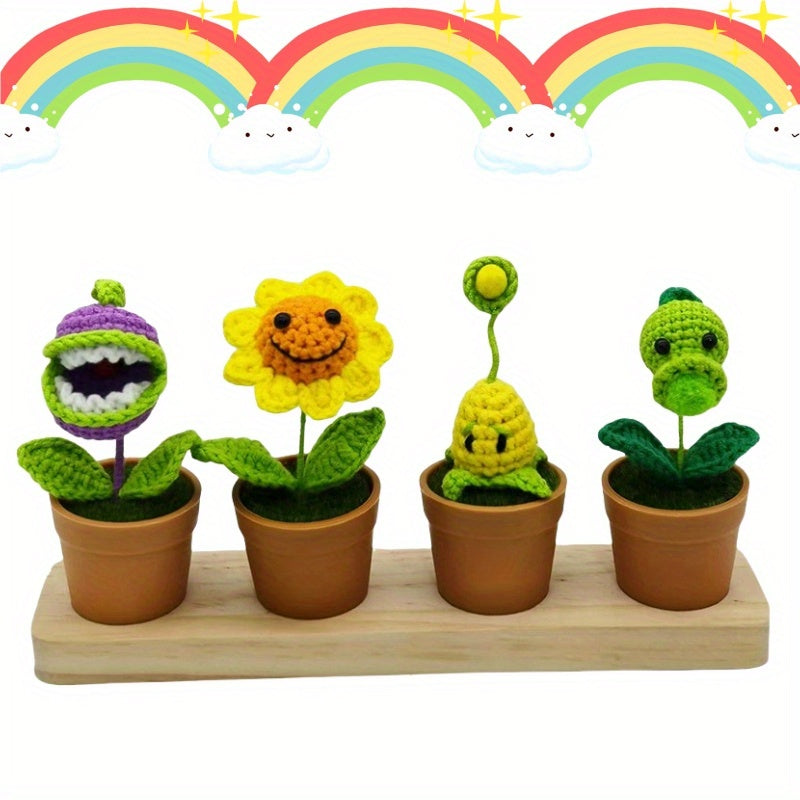 4Set of Artificial Sunflower, Pea, and Corn Plants Crochet Mini Potted Desktop Decorations Birthday Gift Car Home Outdoor Decoration Handicrafts Car Dashboard Hanging Decoration
