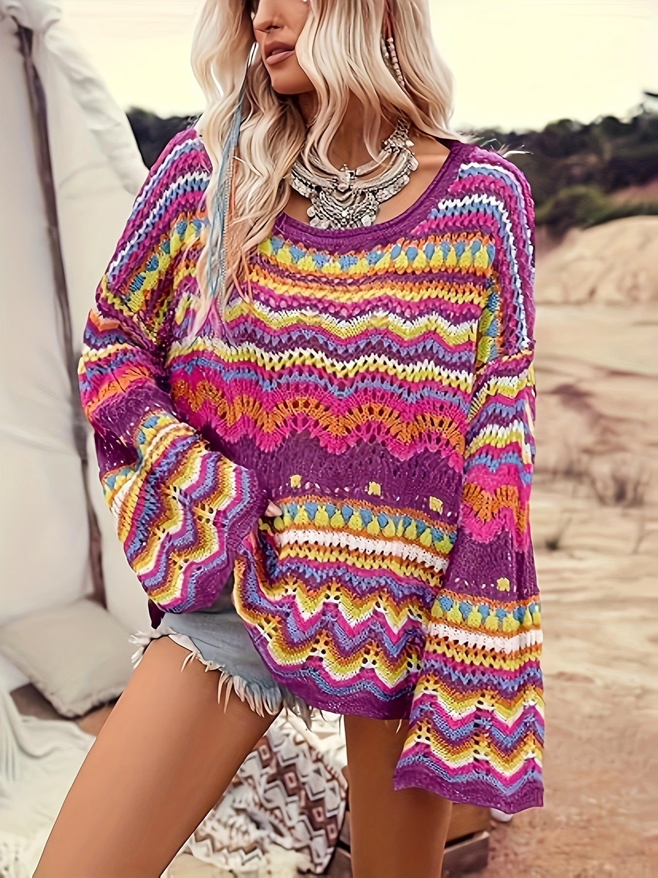 Plus-Size Women's Bohemian Color-Block Sweater - Semi-Sheer Drop Shoulder Crochet Top with Round Neck, Short Length & All-Season Casual Elegance, Crochet Sweater, Relaxed Fit Top, Vacation Style Clothing, Semisheer Fabric
