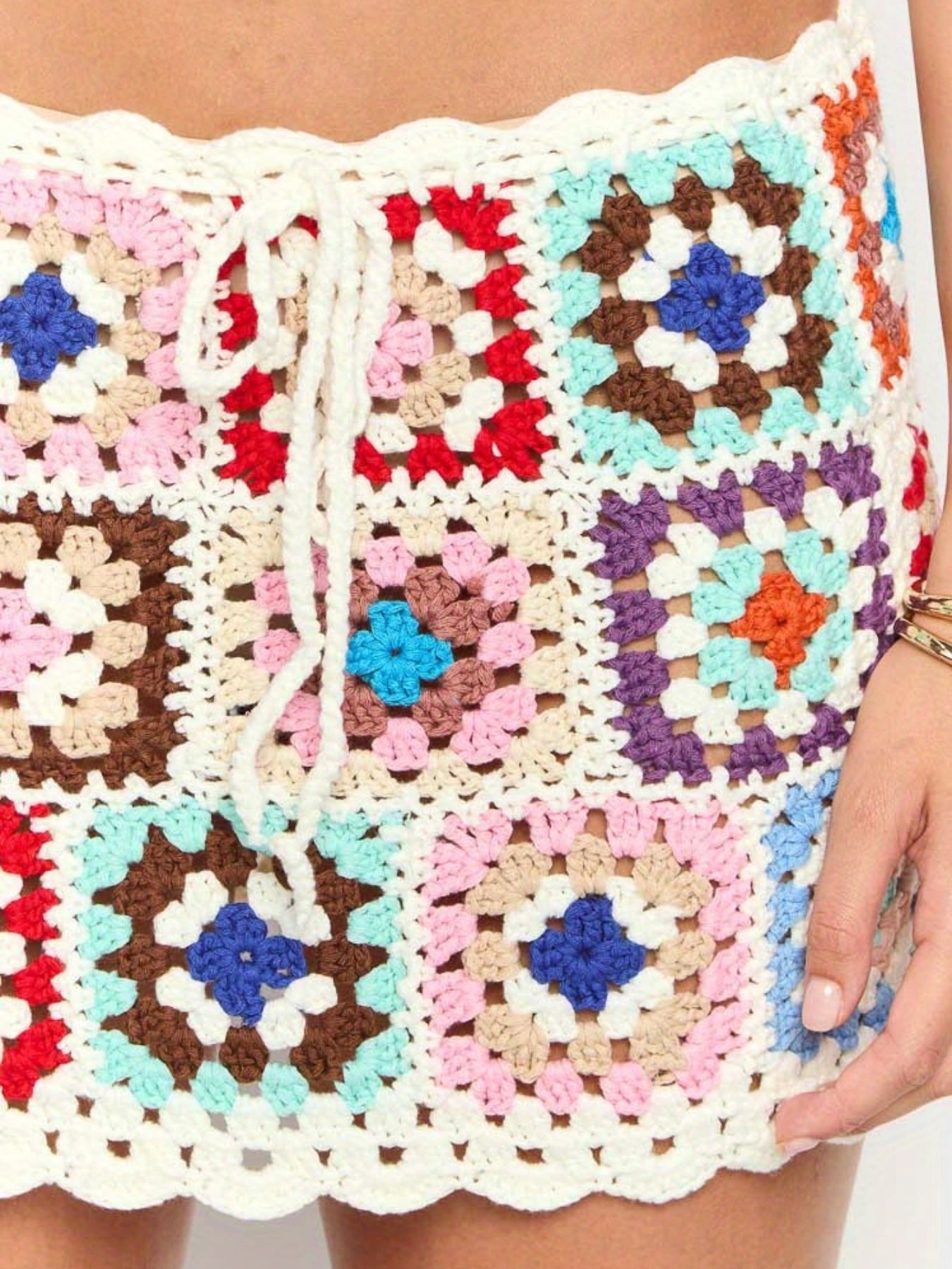 Handmade Crochet Mini Skirt with Colorful Geometric Pattern - Adjustable Drawstring, Closed Side, Flowy Design for Women | Ideal for Summer Beach Vacations, Beach Vacation Attire | Playful Pattern Skirt | Stylish Knitwear