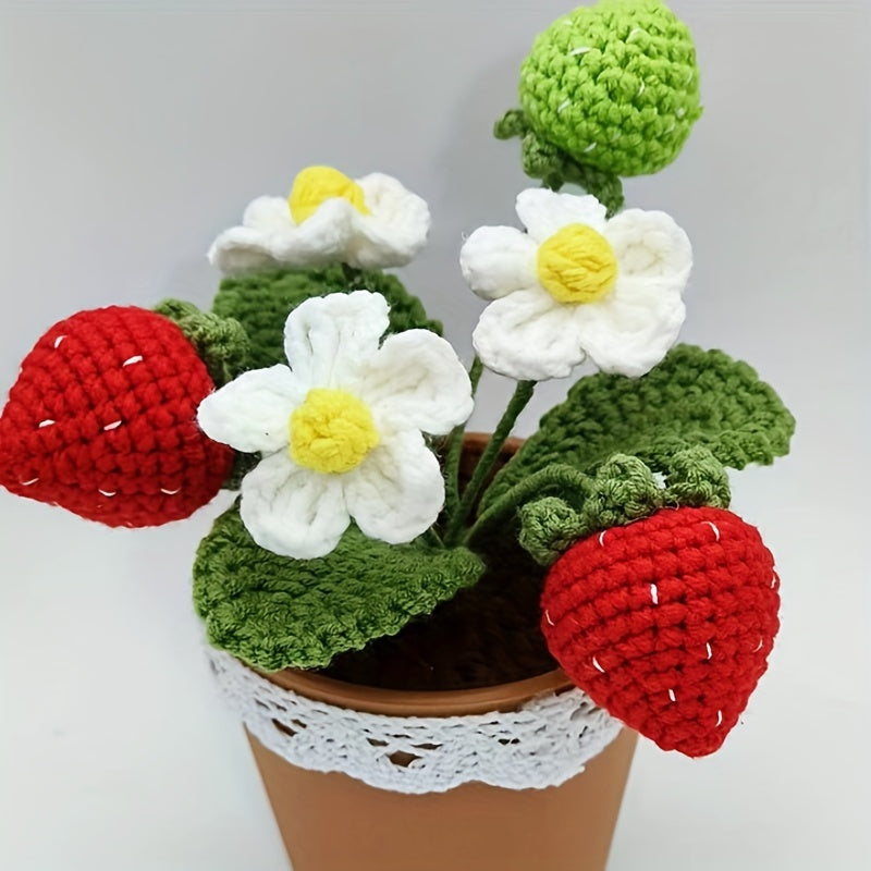 Handmade Crochet Strawberry Potted Plant - Faux Velvet Flower Decoration,Pot included,Suitable for home and party table display