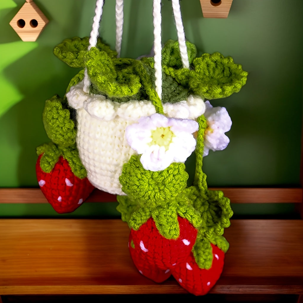 1Artificial Flowers,Handmade Crochet Strawberry Flower Pot Hanging Ornament,Handmade Crochet Strawberry Planting Hanging Ornament,7.8Inch Fabric Decoration,With Greenery,Suitable for living room and bedroom,Home Decoration,Car Decoration