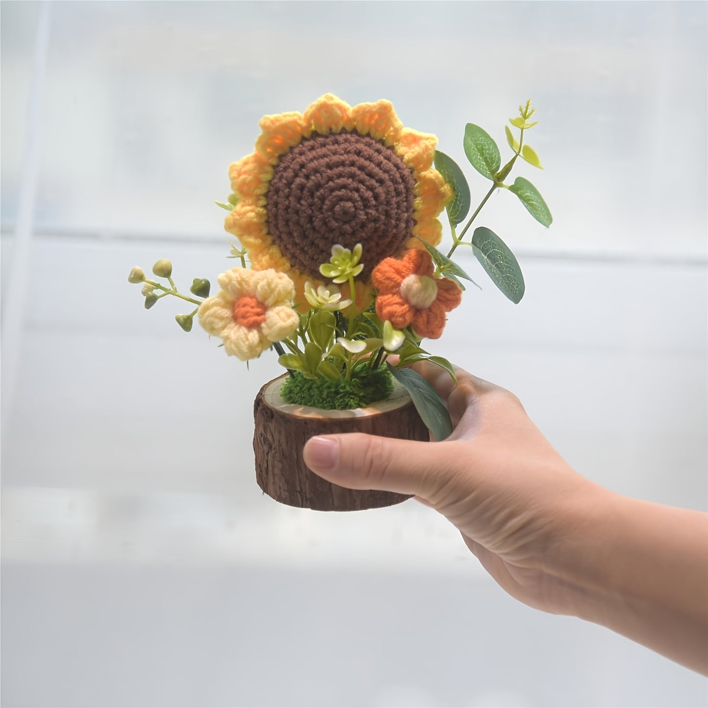 2Handmade Crochet Sunflower Flower,Knitted Mini Cute Potted Plant Home Desktop Decoration,Suitable for office desk、Gift,Sunflower