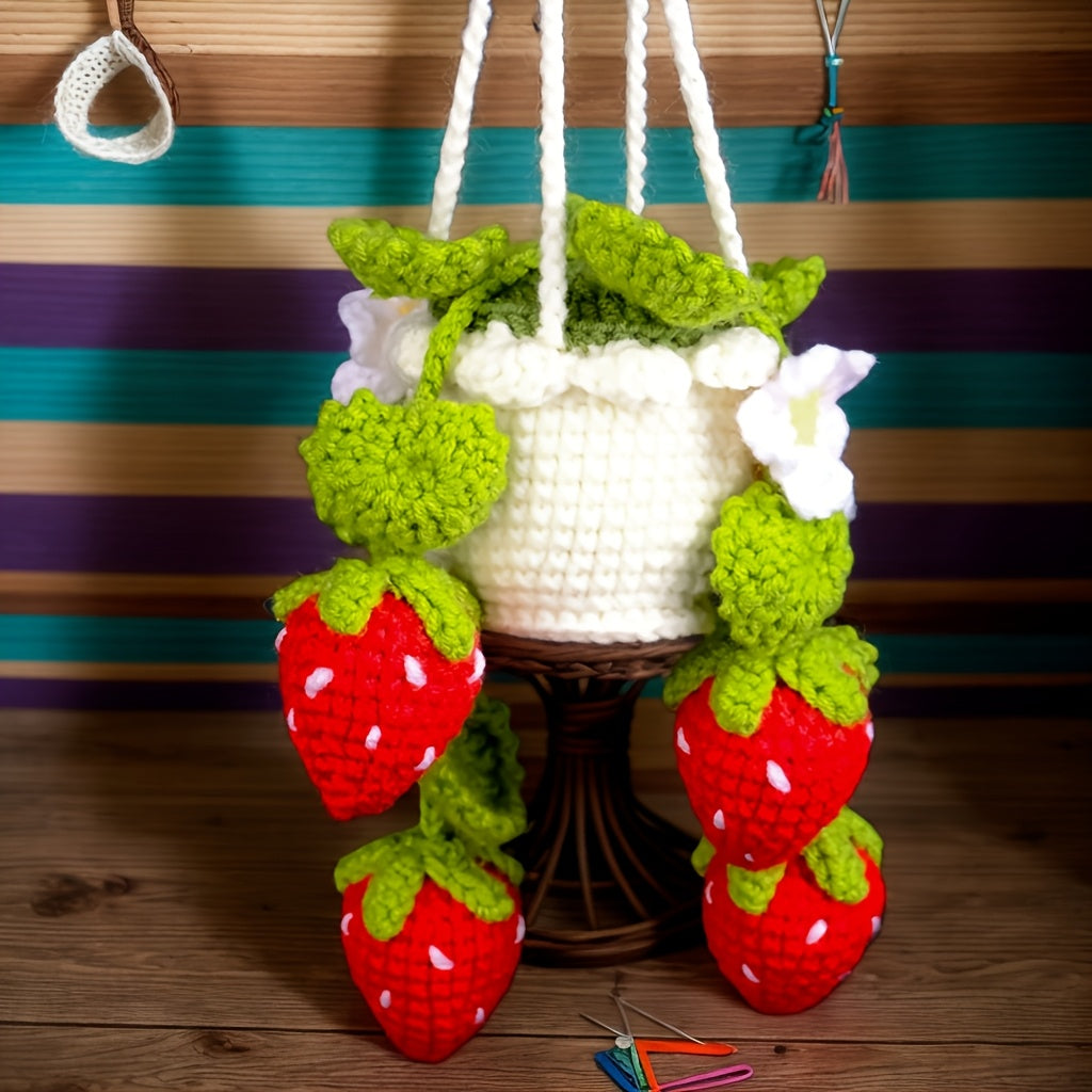 1Artificial Flowers,Handmade Crochet Strawberry Flower Pot Hanging Ornament,Handmade Crochet Strawberry Planting Hanging Ornament,7.8Inch Fabric Decoration,With Greenery,Suitable for living room and bedroom,Home Decoration,Car Decoration