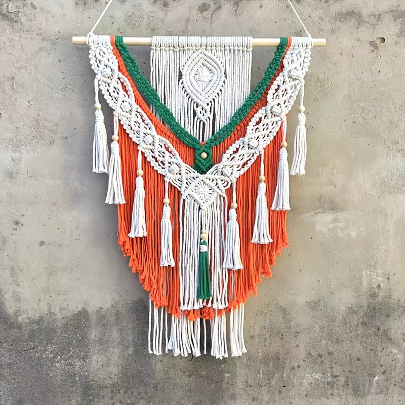 Handmade Geometric Pattern Tapestry - Bright Orange-Green Tassel Decoration Paired with White Accents,bohemian Style Home Office and Living Room Art,No Electricity Required Indoor Wall Decoration,Unique Gift Ideas