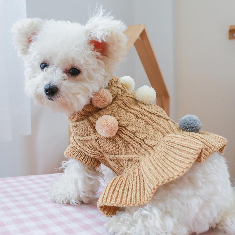 Puppy Pet Clothes Autumn Winter Knitted Warm Sweater Teddy Bichon Small Dog Pullover Yarn Dress-Pleated Wool Dress