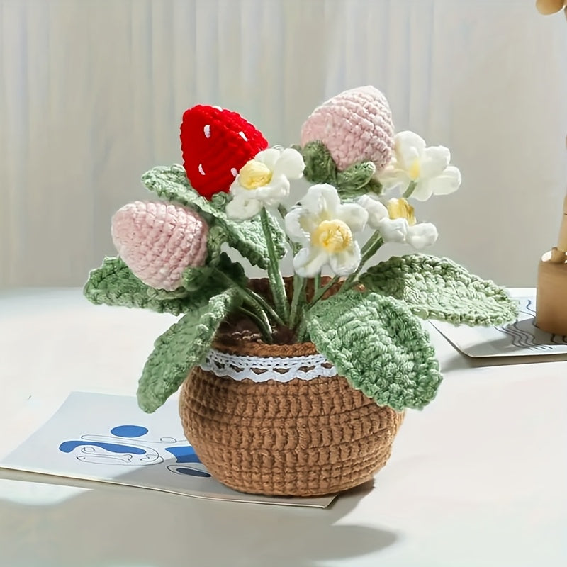 1Handwoven Strawberry and White Flower Pot Plant - Eternal Fabric Flowers,Lucky Strawberry for Car and Home Decoration