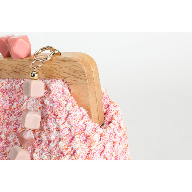 Sweet Retro Pink Hand-Woven Handbag Wooden Handle+Beaded Chain Mori Style Girl's Crossbody Bag