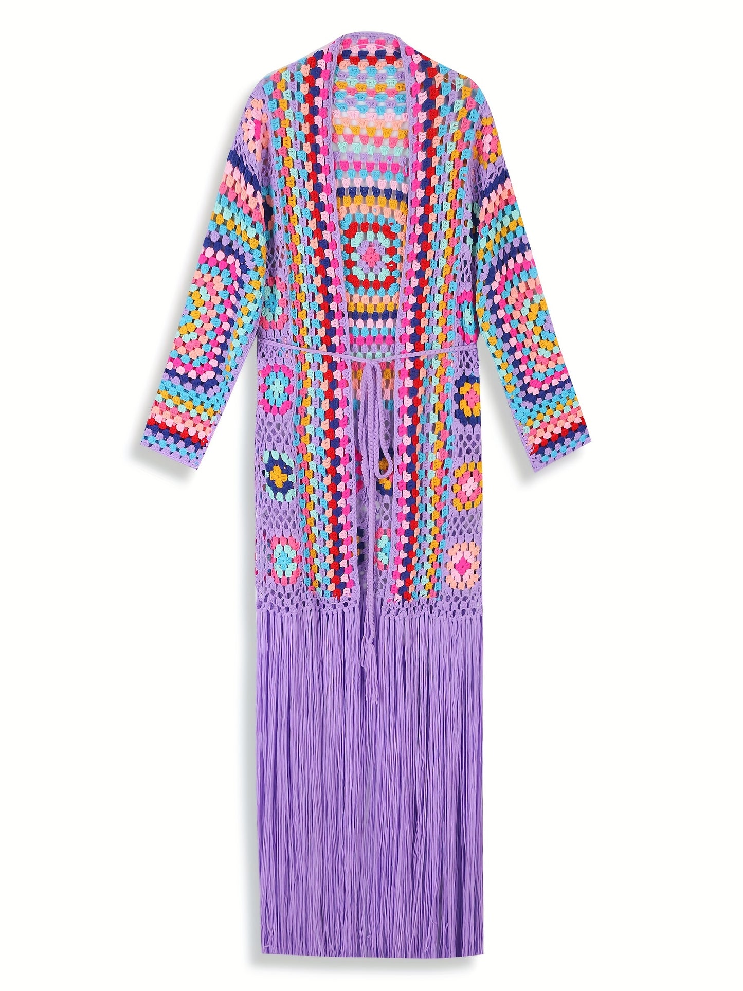 [Casual Knitted Cardigan] Long-Sleeved Women's Knitted Open-Front Cardigan - Casual Tassel Hollow Hand-Crocheted Long Coat for Women Swimsuit Cover-Ups A1215