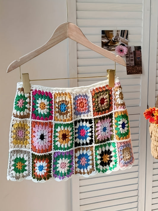 Women's Elegant Geometric Crochet Beach Skirt - High-Waisted Semi-Sheer Lace Lattice Design with Adjustable Drawstring Waist, Lightweight Summer Vacation Dress for Poolside & Casual Outings, Beach Dresses, Handcrafted Appearance