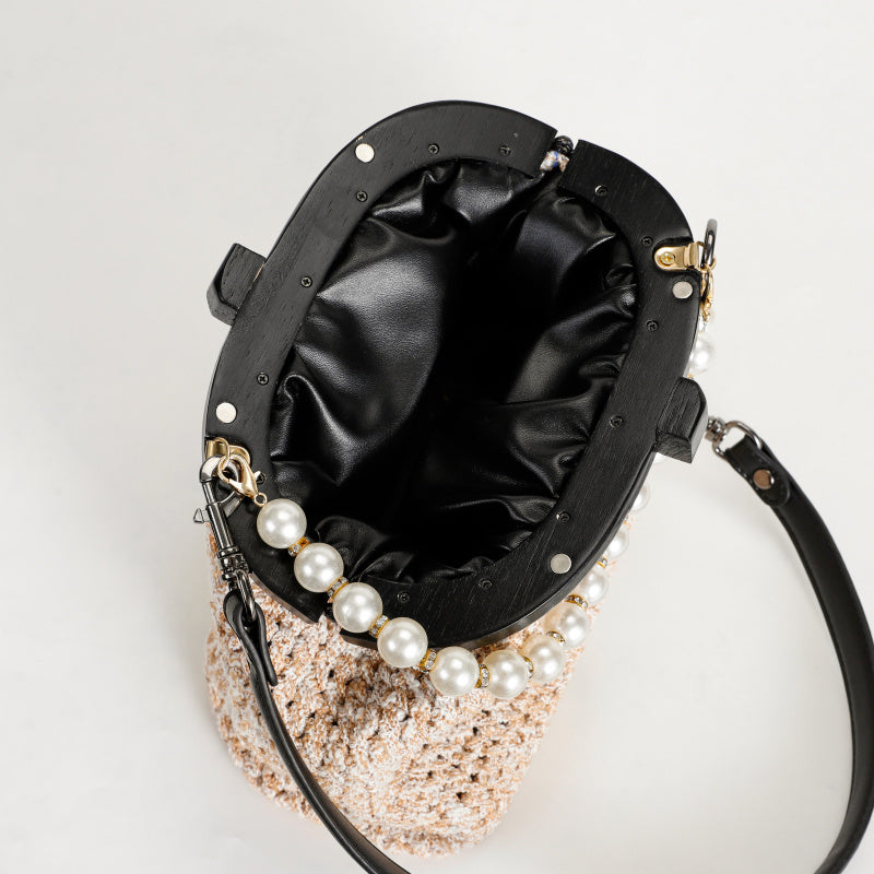 Sweet Pearl Decorative Beige Straw Cross Body Bag Black Leather Shoulder Strap+Pearl chain Entry Lux Elegant Women's Bag