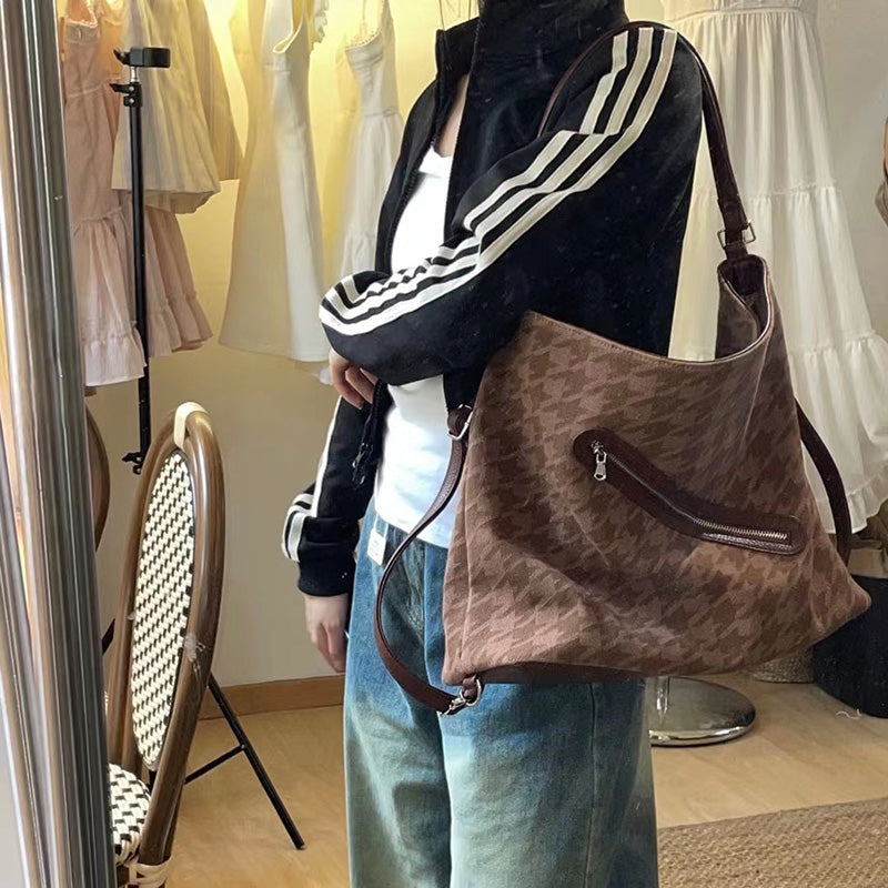 Houndstooth Retro Shoulder Bag ins Women's Wind Bag2025New Light Luxury Commuter Messenger Bag Beige Fashion