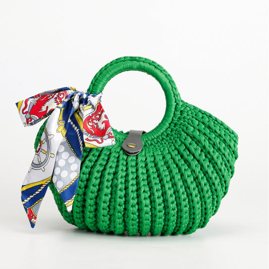 Spring Mori Style Green Woven Handbag Detachable Silk Scarf Decoration Contrast Color Fastener Light Luxury Women's Bag