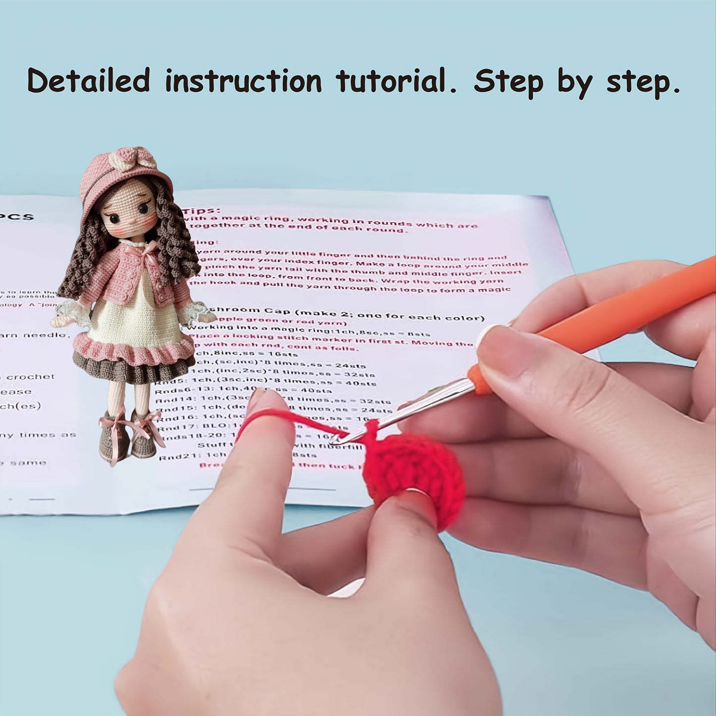 1 Set of Little Girl in Pink Dress with Beautiful Hat, DIY Crochet Material Pack for Adults Includes Yarn, Hook, English Manual and Step-by-Step Video Teaching, Perfect Holiday Gift, Easter, Valentine'S Day, Birthday Present - Unfinished