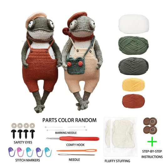 2Detective Frog Brothers Set，Bilingual Illustrated Tutorial | Includes full set of tools（Crochet+Wool+Accessories）| Christmas Wishing Turtle/Birthday Stress Relief Gift/ Entrance Wealth Decoration/Healing Decorations，Random Color of Accessories。