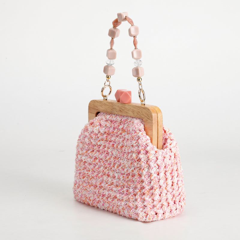 Sweet Retro Pink Hand-Woven Handbag Wooden Handle+Beaded Chain Mori Style Girl's Crossbody Bag