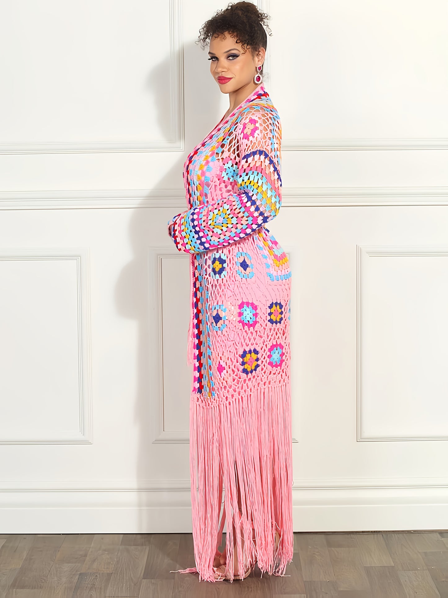 2025 Autumn Moroccan Kaftan Print Handmade Fringed Long Crochet Cardigan Cover-ups Women Clothing Beach Kimono Dresses A1215