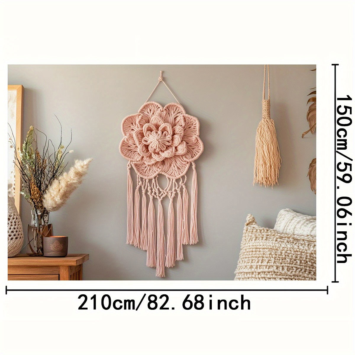 A Bohemian Style Floral Macron Wall Hanging，Comes with a wooden base and cushion - Pink tassel decoration，Suitable for Families、Office or photography backdrop，No Electricity Required，Multi-Purpose，Suitable for All Occasions，Home Decorations | Bohemian Sty