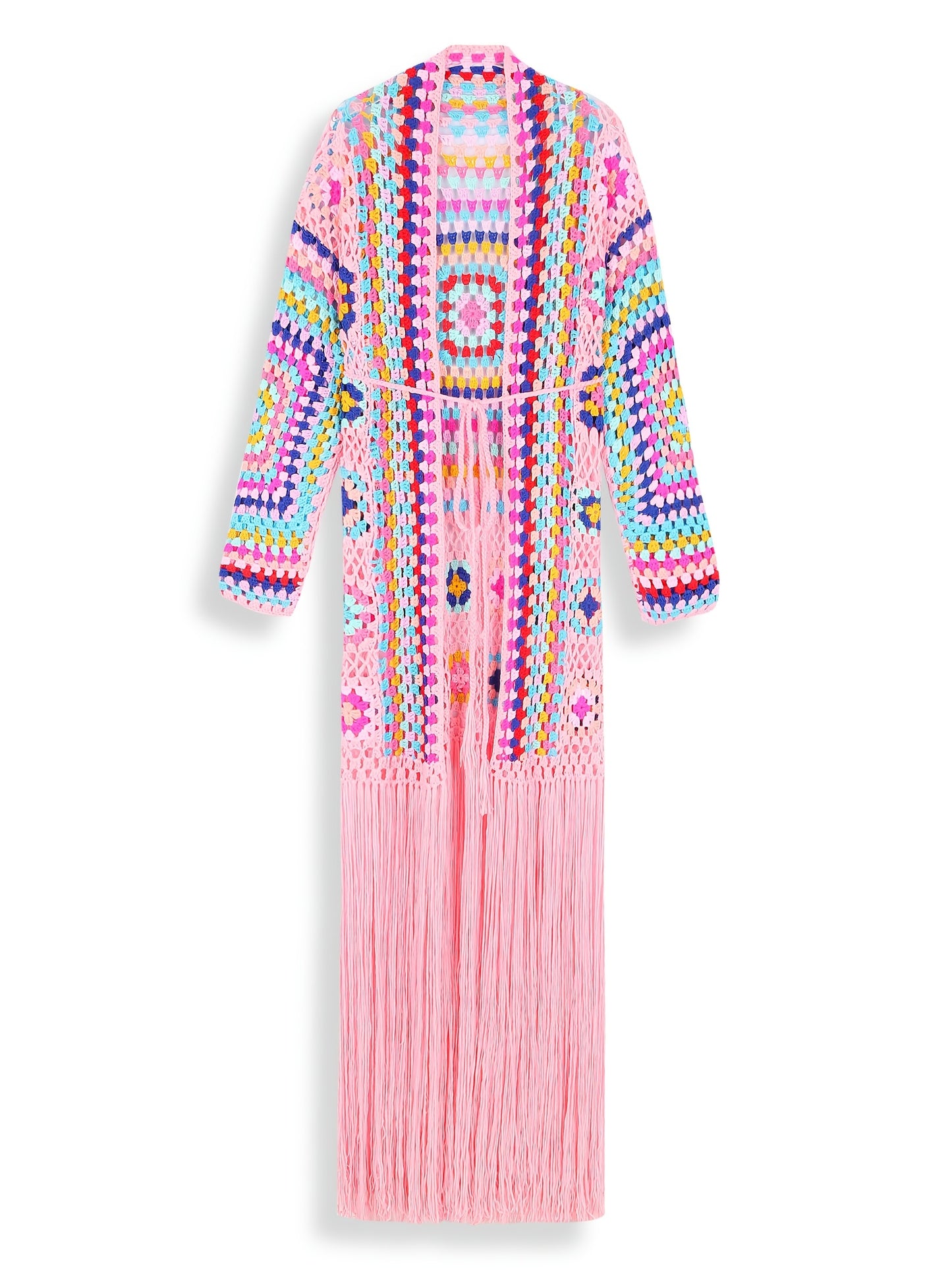 2025 Autumn Moroccan Kaftan Print Handmade Fringed Long Crochet Cardigan Cover-ups Women Clothing Beach Kimono Dresses A1215