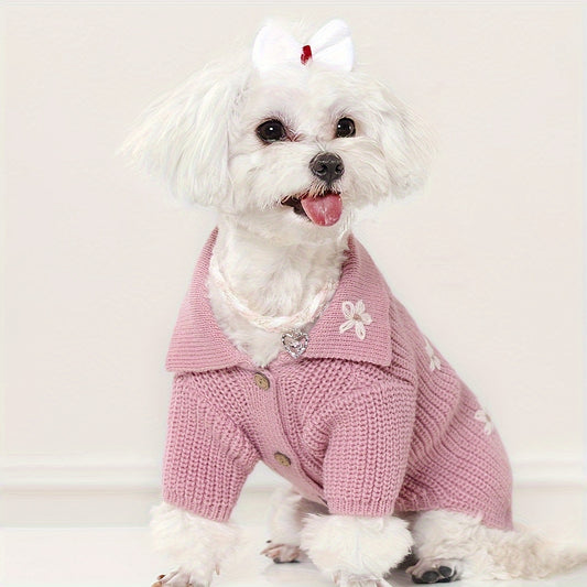 1Soft Knitted Pet Sweater，With floral button closure - All-Season Small Dog and Cat Cardigan，Pink and white edge design，Durable and Comfortable Pet Clothing，Exquisite Sewing，Breathable Material，Exclusive for Cat Lovers