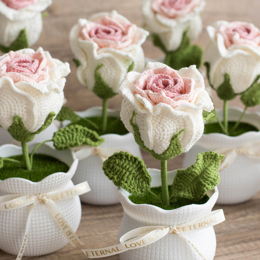 Finished Handmade Yarn Crochet Rose Artificial Flower Potted Plant Office Desk Potted Plant Knitted Flower Ornament