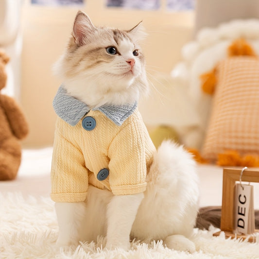 1An elegant cat-patterned cardigan>Spring and Autumn Thin Cardigan Blue Cat Kitten Hairless Cat Pet Dog Clothes>All-Season Traction Cat and Dog Clothes>Color Block Base Shirt