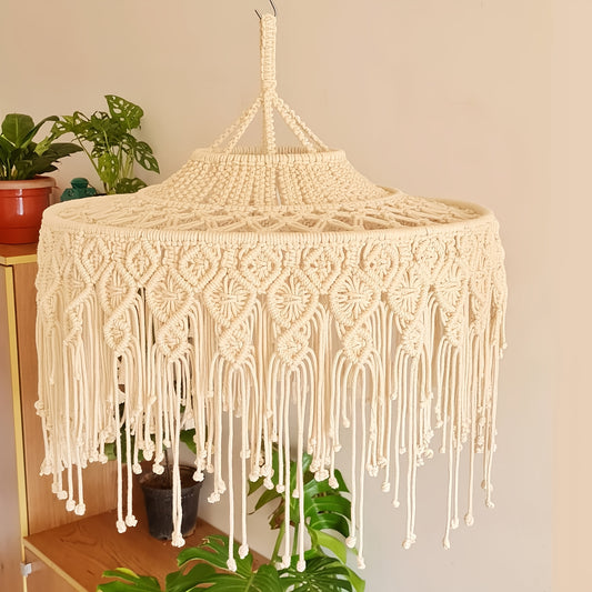 1Large Bohemian Style Woven Lampshade - Long Tassel Ceiling Light Shade，Beige/Waterfall Chain Design，Suitable for Living Room、Bedroom、Terrace - No Power Supply Required，Decorative Lighting Accents，Artistic Home Decor，Hand-woven Fabric，Exclusive for Interi
