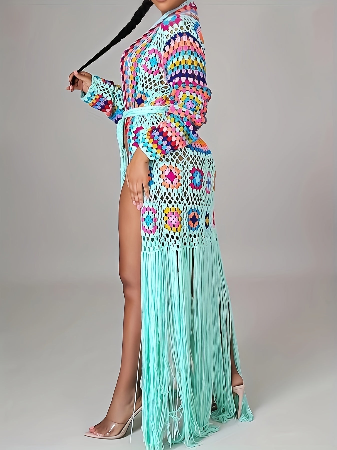 EDOLYNSA Handmade Crochet Tassel Women's Elegant Sweater Jacket Casual Vacation Long Cardigan Women's Spring and Autumn Jacket Swimwear Cover-up A1215