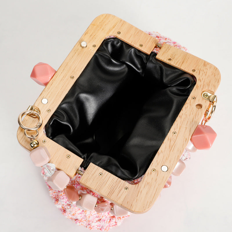 Sweet Retro Pink Hand-Woven Handbag Wooden Handle+Beaded Chain Mori Style Girl's Crossbody Bag