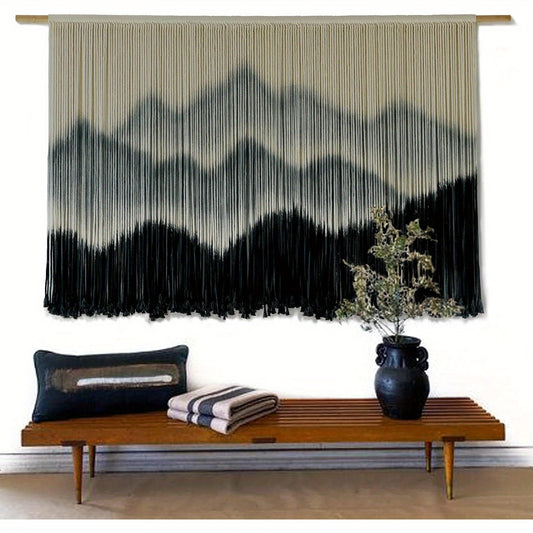【Family relaxation】Large Bohemian Macrame Wall Hanging Canvas - Stripes、Gradient Blue and Black Fiber Art，Perfect for modern home decor，51Inches Wide x 31Inches Long，Cotton material，Bohemian Home Decor|Striped Pattern|Handmade Textile Products，McLamy Wall