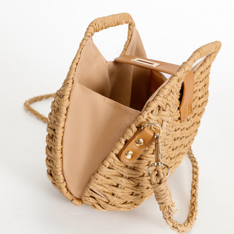 Mori Braided Handbag Natural Straw Tote Bag Light Brown Leather Decoration+Metal Lock Buckle Removable Shoulder Strap Multi-Purpose Package Non-Slip Foot Design