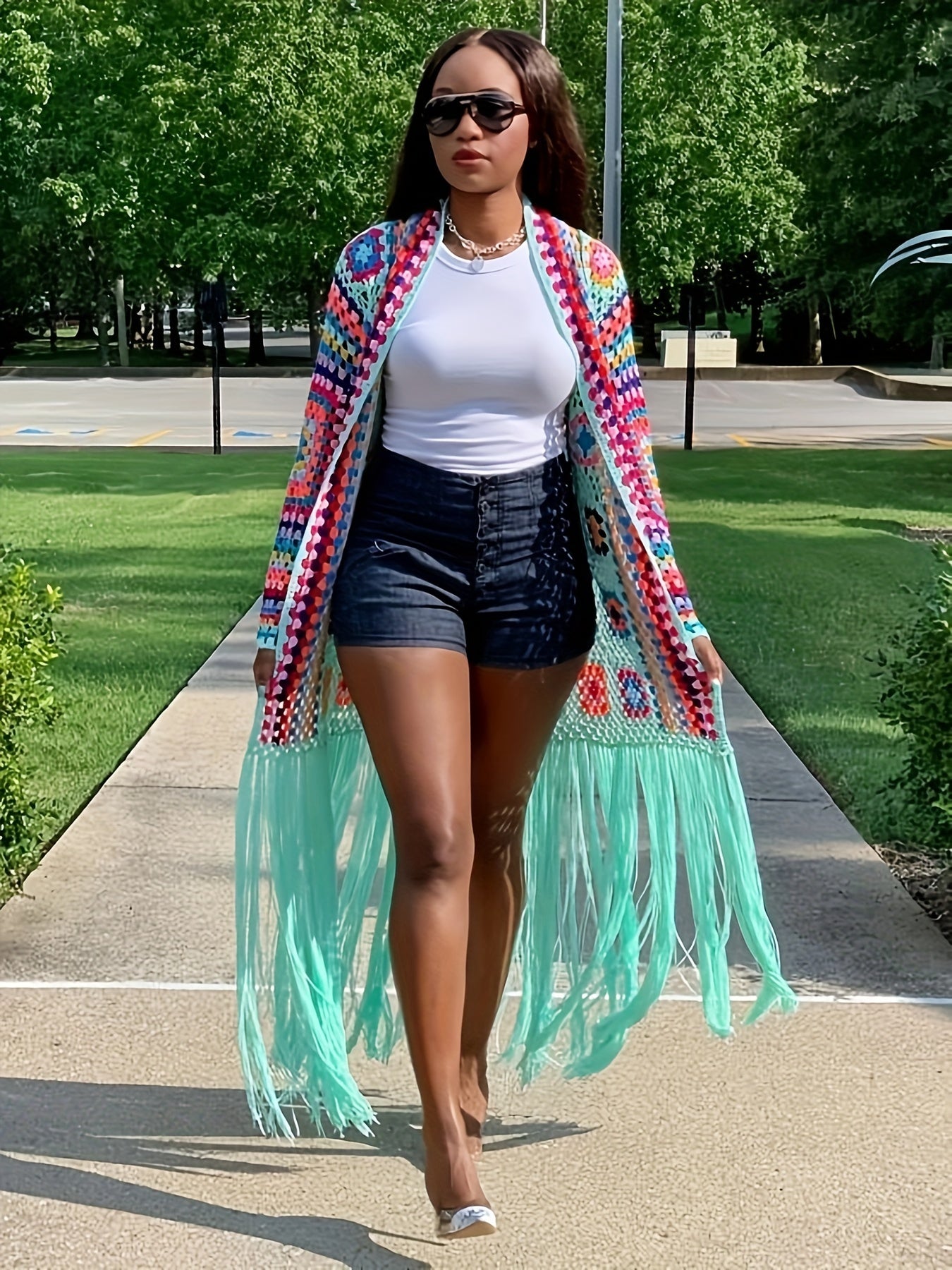 EDOLYNSA Handmade Crochet Tassel Women's Elegant Sweater Jacket Casual Vacation Long Cardigan Women's Spring and Autumn Jacket Swimwear Cover-up A1215