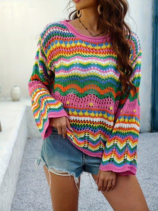 Women'S Colorful Geometric Sweater - Oversized Drop Shoulder Pullover with Intricate Pattern, Long Sleeve, Loose Fit for Spring/Summer/Fall, Casual Wear|Vibrant Knitwear|Hollow Detail Design