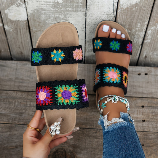 Women's Black Apricot Knitted Cute Floral Double-V Straps Round Toe Open-Toe Slip-On Fashionable Versatile Flat Slippers with Non-Slip Wear-Resistant Large Size Home Shoes Suitable for Vacation Travel Bohemian Style Sandals