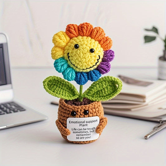 Handmade Crochet Sunflower Potted Plant with Inspirational Quotes - Rainbow Smiley Face Artificial Flower，Home、Office or desktop decoration - Mother's Day、Perfect choice for Valentine's Day or graduation gifts