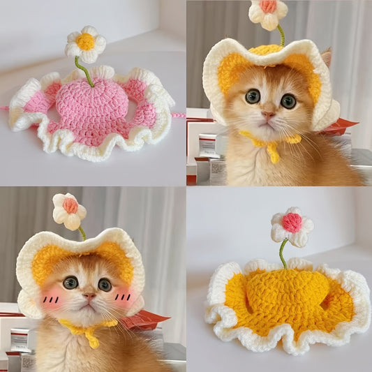Elegant Crochet Cat Hat，With ruffle edges and floral decorations – Soft material，Easy to Wear – Perfect for Birthday、Holiday、Travel photos – Suitable for small to medium-sized cats – Cute pet accessories，Yellow and pink，Cat Party Costume |Cute Cat Accesso
