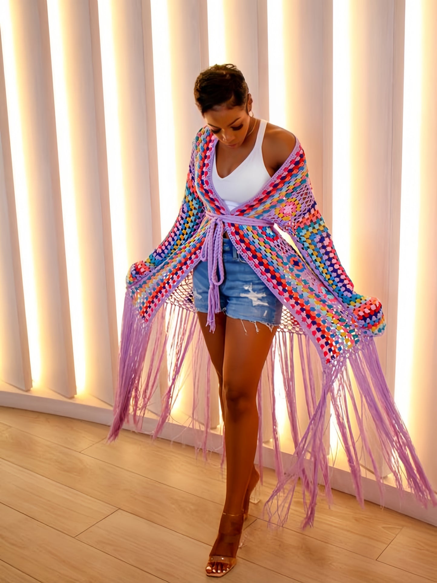 [Casual Knitted Cardigan] Long-Sleeved Women's Knitted Open-Front Cardigan - Casual Tassel Hollow Hand-Crocheted Long Coat for Women Swimsuit Cover-Ups A1215