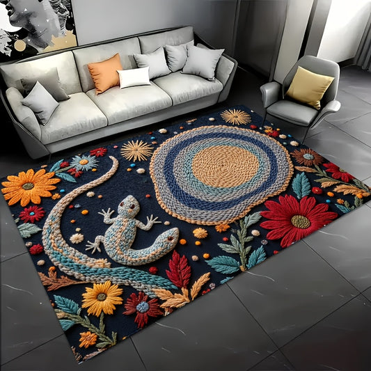 1pc Bohemian Crochet Lizard & Floral Design Velvet Carpet, 850g/m² + 6mm Thick, Polyester Backing, Natural & Stylish for Home Decor, Picnics, Desk, Camping, Room Decoration, Picnic Mat | Floral Pattern Mat | Durable Floor Ma